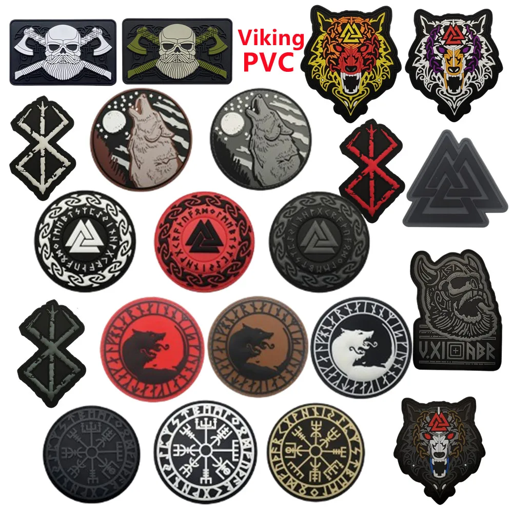 3D PVC Viking Battle Ax Runavin Odin Compass Lone Wolf Logo Armband Odin God Rune Magic Sticker Badge Vking Rubber Patch