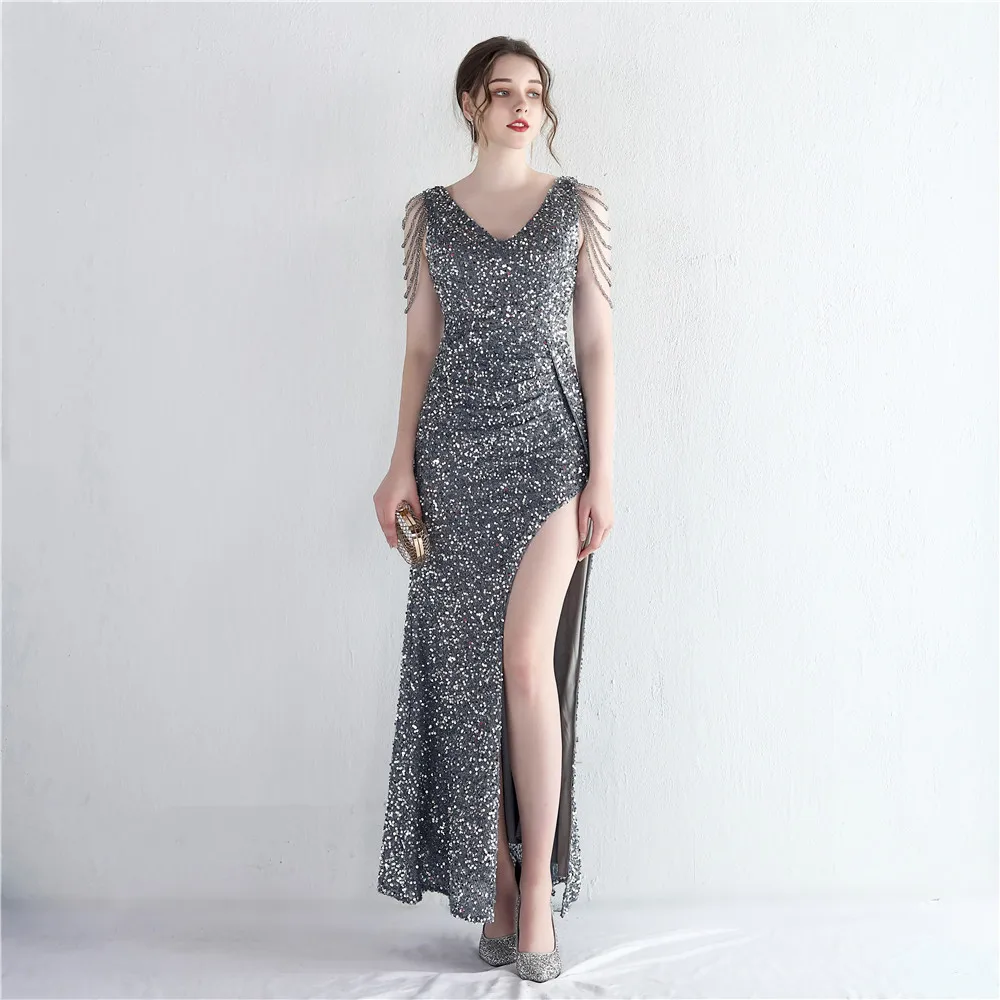 

Charming Long Evening Dress With High Split Bling Sequined Beading Mermaid Formal Occasion Gowns For Women Wedding Party