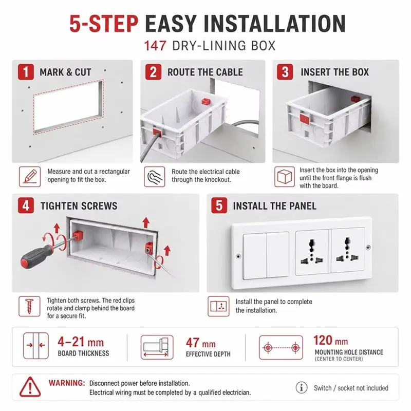 ABWR-Gypsum Board Dry Lining Box Drywall Plaster Box 47Mm Depth Socket Cassette Screw Hole Space 120Mm Wall Switch 2Pc