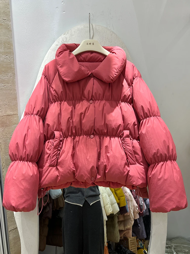 가을 겨울 신상 캔디 컬러 라펠 칼라 다운 재킷 여성용 달콤하고 귀여운 두꺼운 화이트 덕 다운 따뜻한 코트