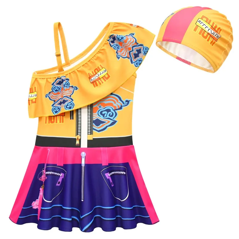 

Witch Hunter Squad Girls' One-Piece Skirted Swimsuit, Trendy Stylish Asymmetrical Shoulder Cute Swimwear for Beach Trips