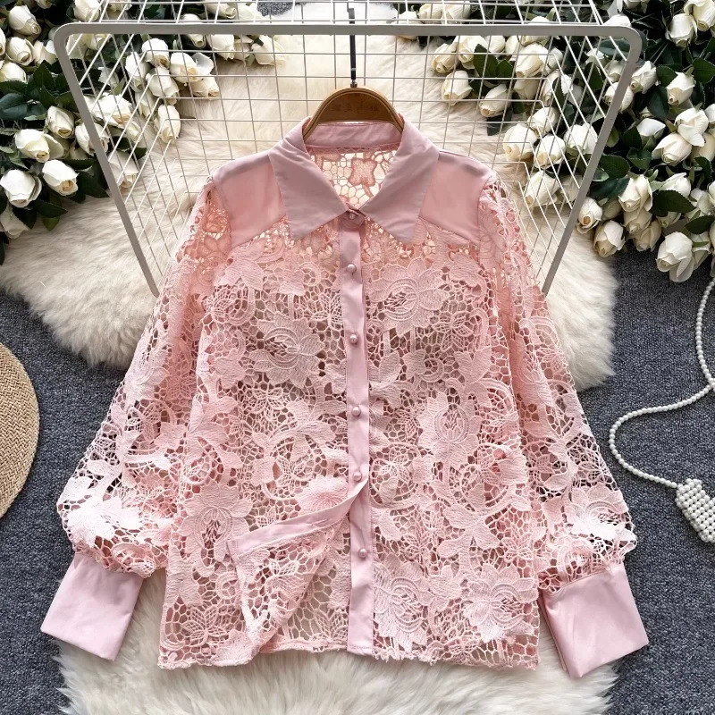 Neploe Elegant Chic Temperament Blouses Femme 2024 Autumn Hollow Out Hook Flower Embroidery High-End Style Sweet Lapel Shirts