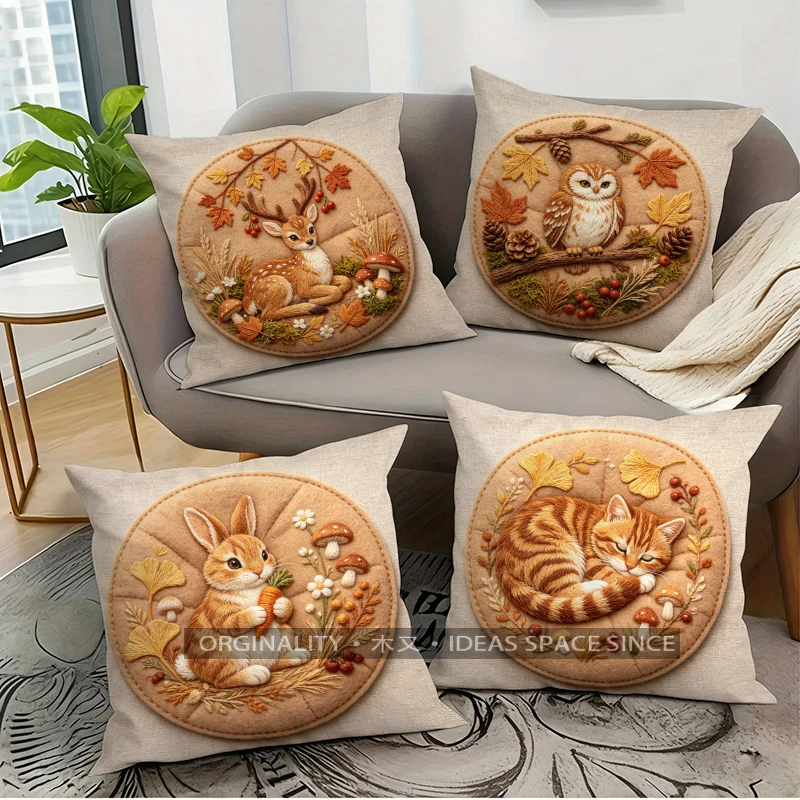 2D Autumn Forest Animal Throw Pillow Covers Pattern Cushion Cover Suitable for Sofa Bedroom Car Pillow Cover
