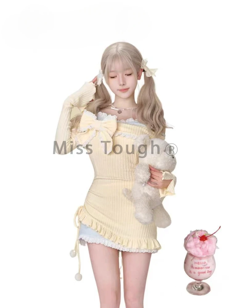 Autumn Japanese Sweet Fake Two Pieces Dress Design Cute Bow Long Sleeve Slim Dresses Women Pretty Fairy Lace Off Shoulder Dress