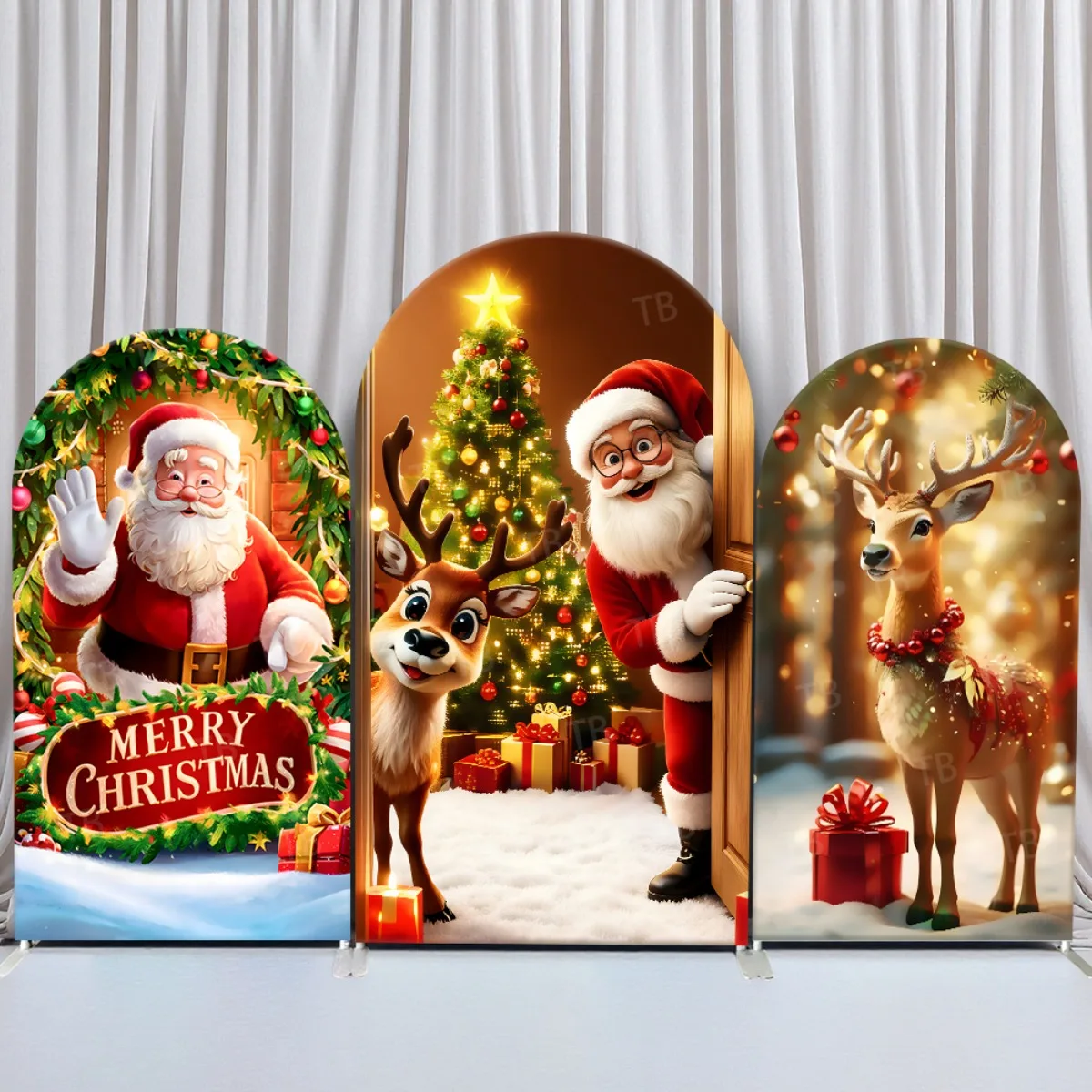 

Christmas Theme Scene with Santa Reindeer Arch Backdrop Cover for NewYear Party Decor Festive Holiday Events Fabric Photography
