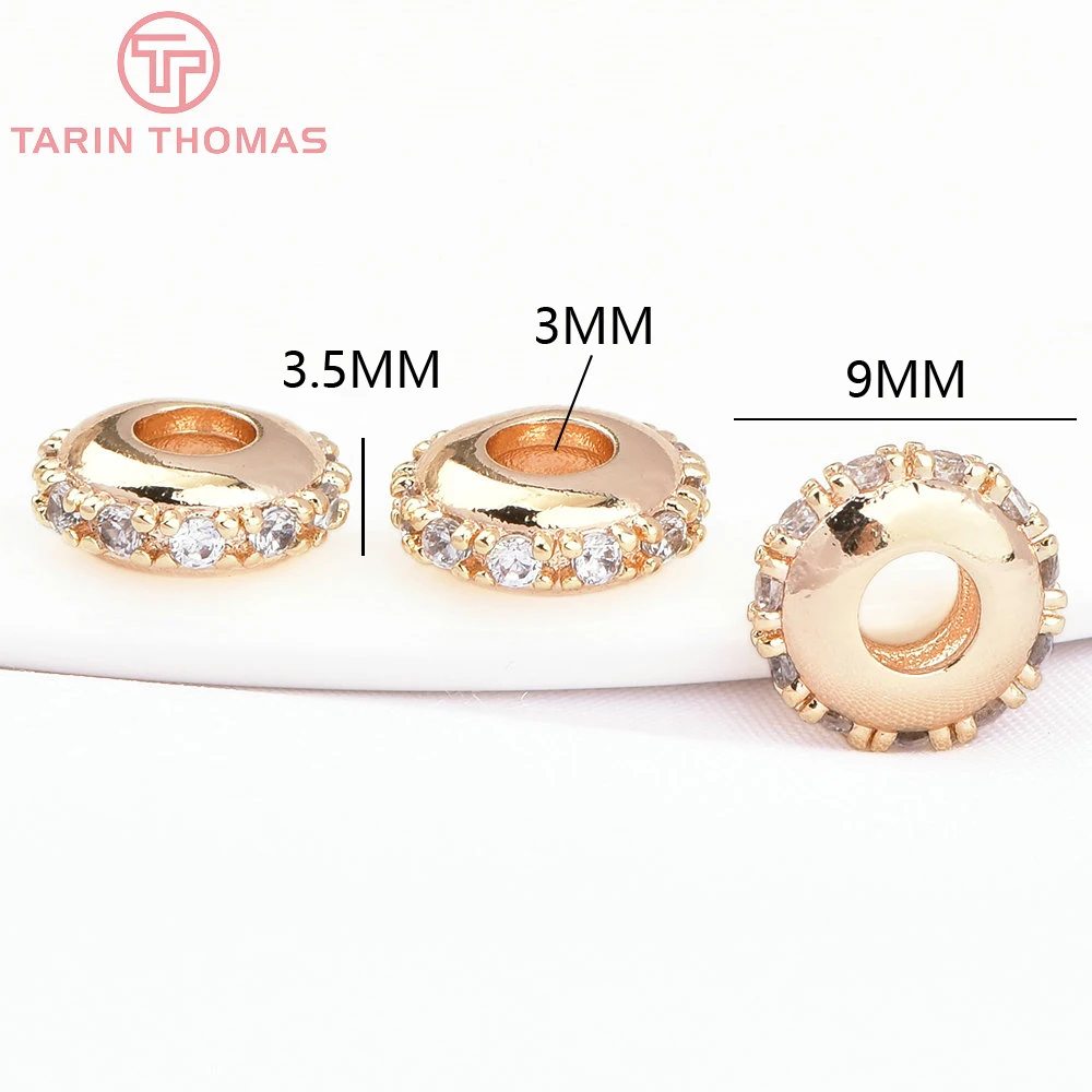 (7817)6PCS 9x3.5MM 24K Gold Color Brass with Zircon Round Septal Beads Necklaces Beads High Quality Jewelry Findings Accessories