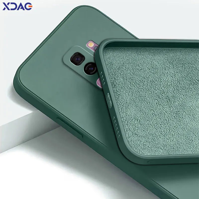 Quadrado líquido silicone tampa traseira para Samsung, câmera protetora, caixa de telefone à prova de choque macio, Samsung Galaxy S9 Plus