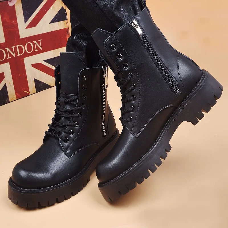 Botas de plataforma informales de gran tamaño para hombre, zapatos de cuero natural elegantes en color negro, botas de vaquero para otoño e invierno, botas hasta el tobillo para hombre