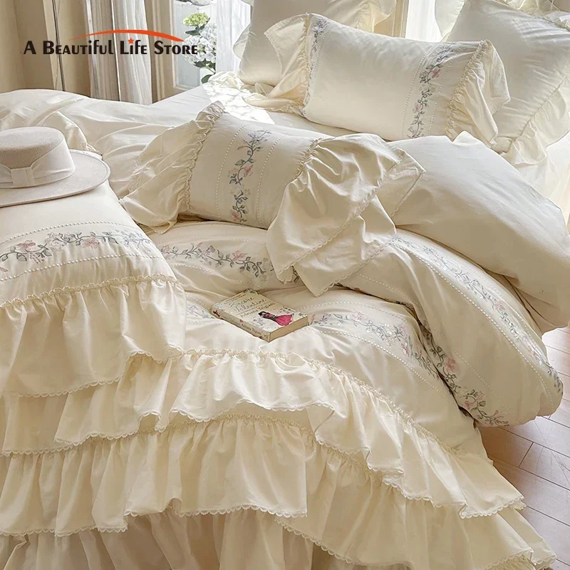 Three Layers of Ruffles Flowers Embroidery Egyptian Cotton Girl Bedding Set Duvet Cover Bed Sheet Fitted Sheet Pillowcases 4Pcs