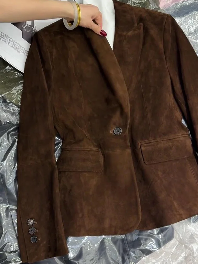 2025 Autumn New Sle Women's Suede Jaet Deep Brown Retro Early Autumn Light Maturi Beautiful Mermaid Coat American Sle