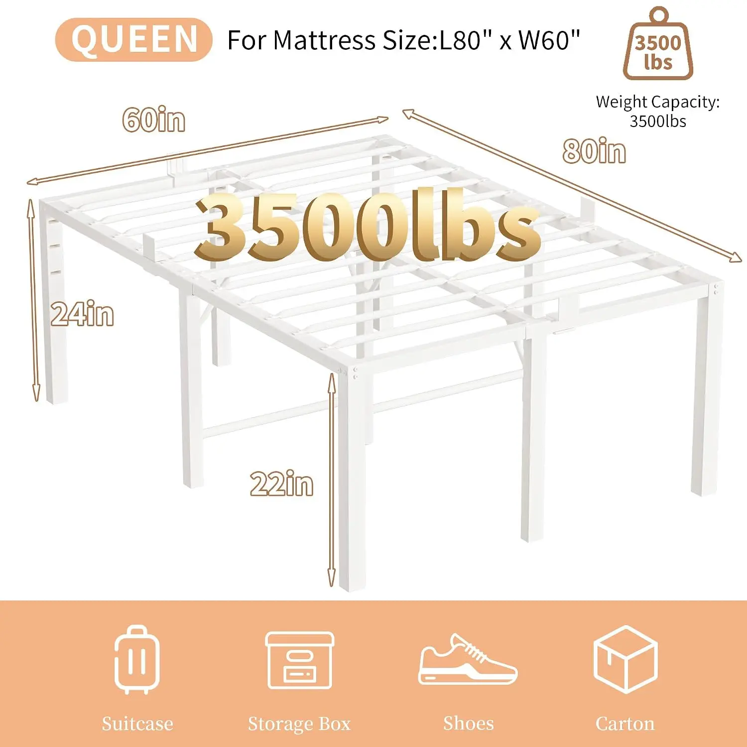 24 Inch Queen Metal Platform Bed Frame, 3500 LBS Heavy Duty Tall Foundation, White, Customized