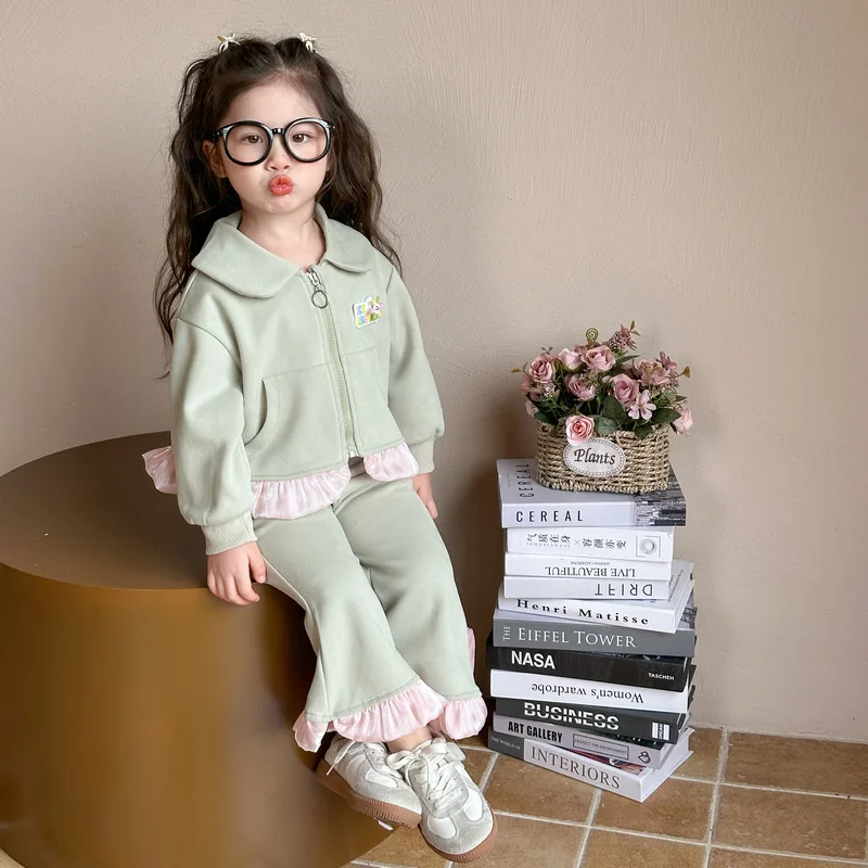 Girls' Suit 2025 Spring New Fashion Patchwork Casual Coat + Wide-foot Trousers Two-piece Set  Kids Clothes Girls