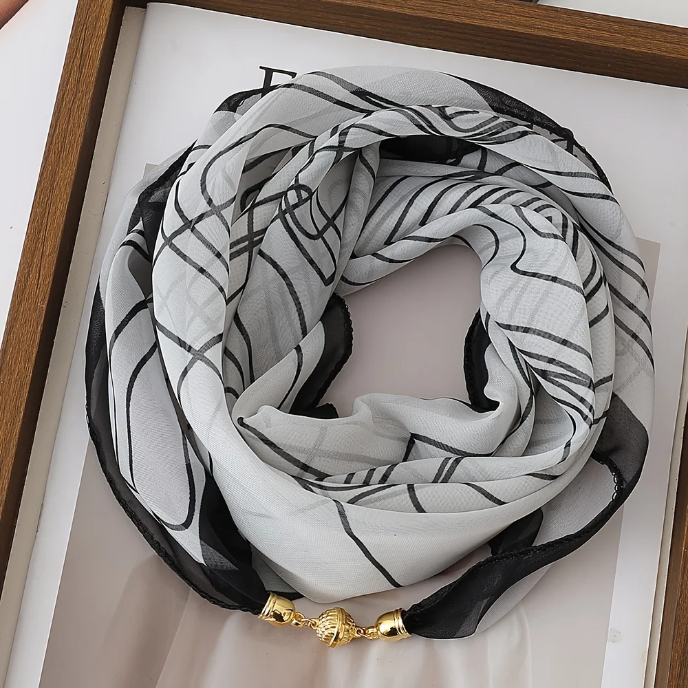 Lightweight Line-Printed Scarf with Magnetic Clasp, Convenient and Stylish Neck Scarf, 100% Polyester Fiber, Women's Decorative Scarf, Suitable for All Seasons