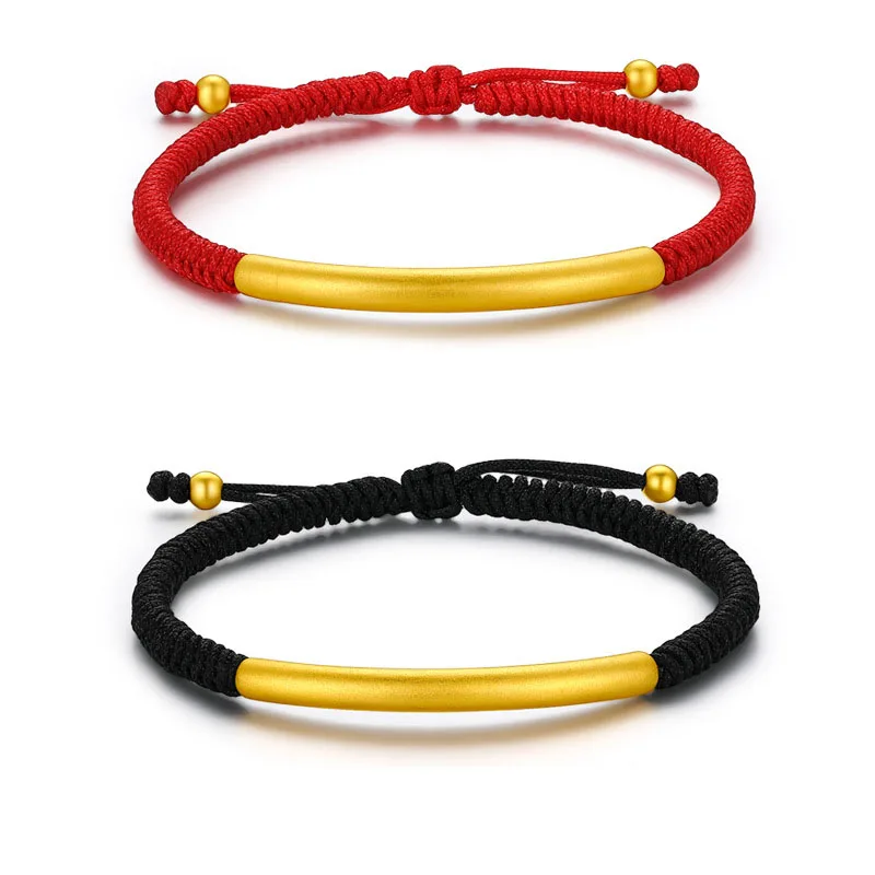 1PCS Pure Gold Bracelet For Women Smooth Surface Elbow Tube Red String Lover Link Real 24K Yellow Gold Jewelry 16-19cmL Gift