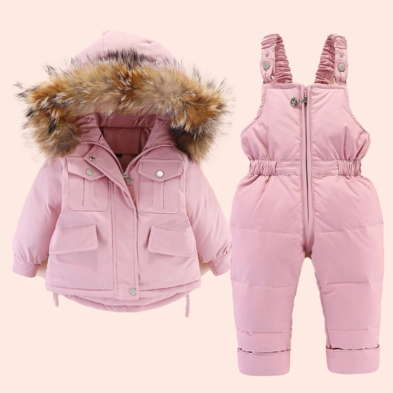 2pcs Set Baby Winter Down Jacket and Jumpsuit Thicken Infant Snowsuit Warm Children Coat Real Fur Collar Baby Set 1-4Years