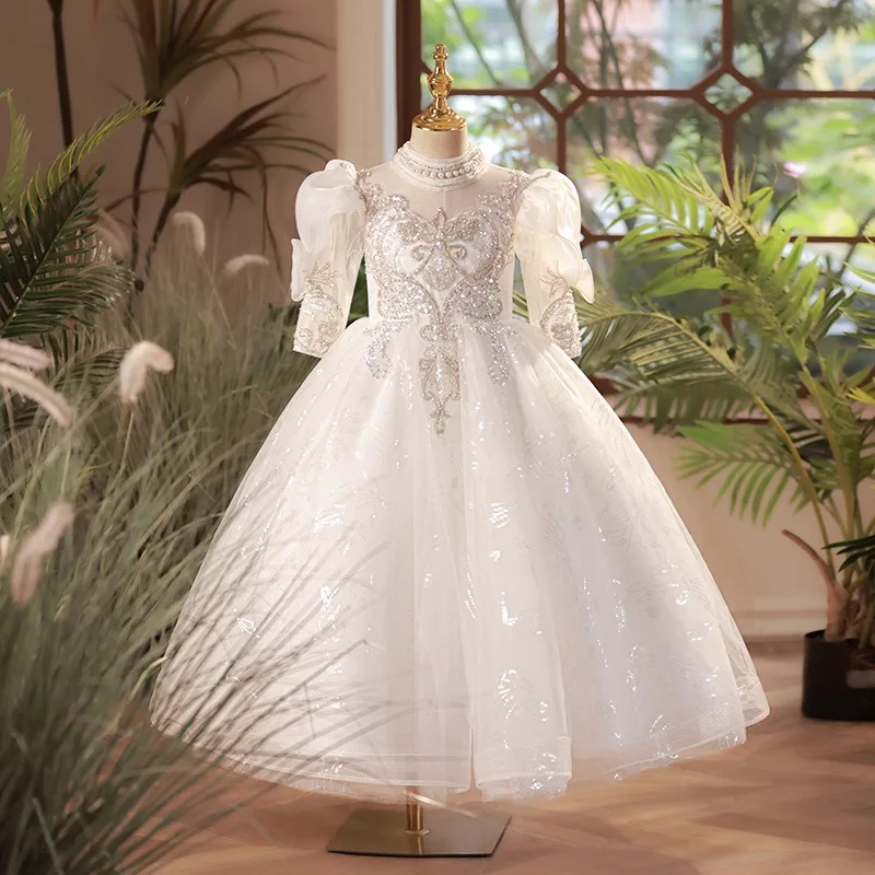 New Girls White Flower Girl Wedding Dress Children Middle Sleeve Puffy Princess Party Gown for Host Performance Pageant Formal