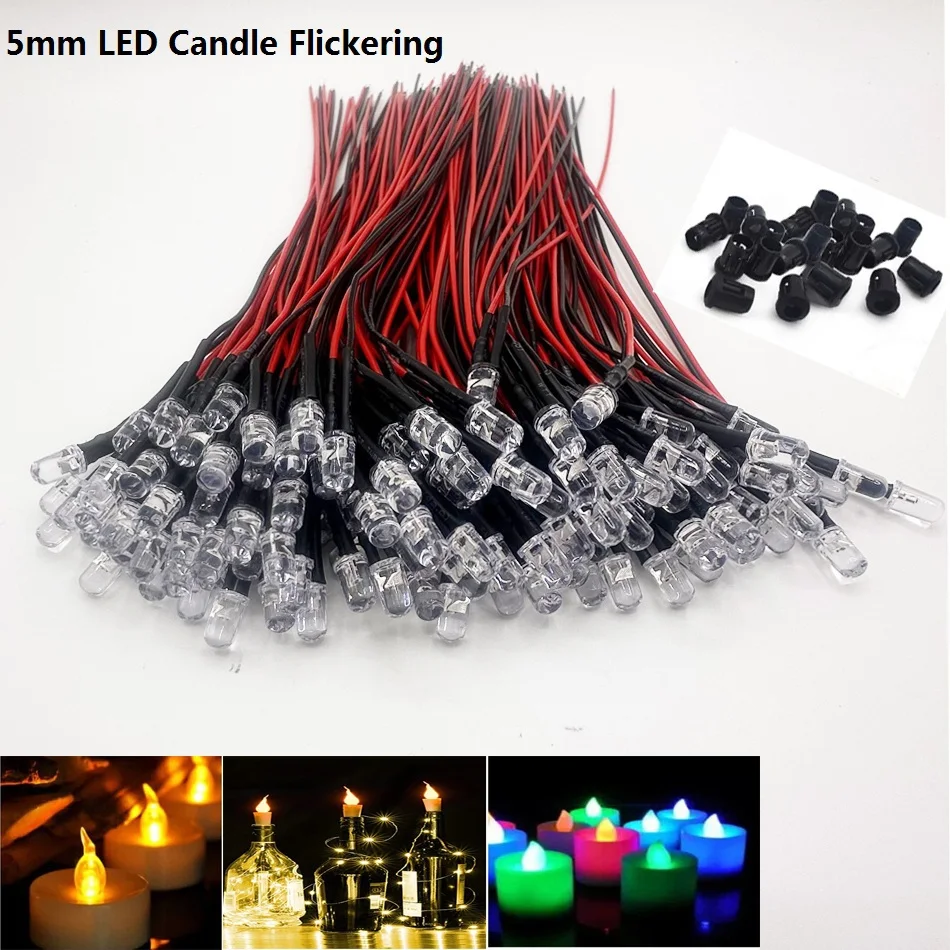 DC 5V 12V 5mm LED Candle Flickering 20cm Pre-wired water clear Orange Red Yellow white Flicker light-emitting diode Lamp Bulb