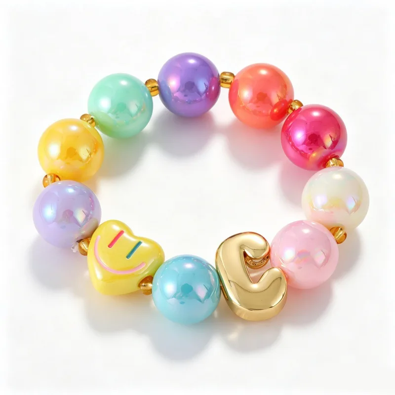 Y2K Buntes Perlen-Elastikarmband für Frauen mit Smiley-Herz & Bubble-Initialen-Charm, Dehnbares Armband, Modeschmuck Geschenk – Detail 4