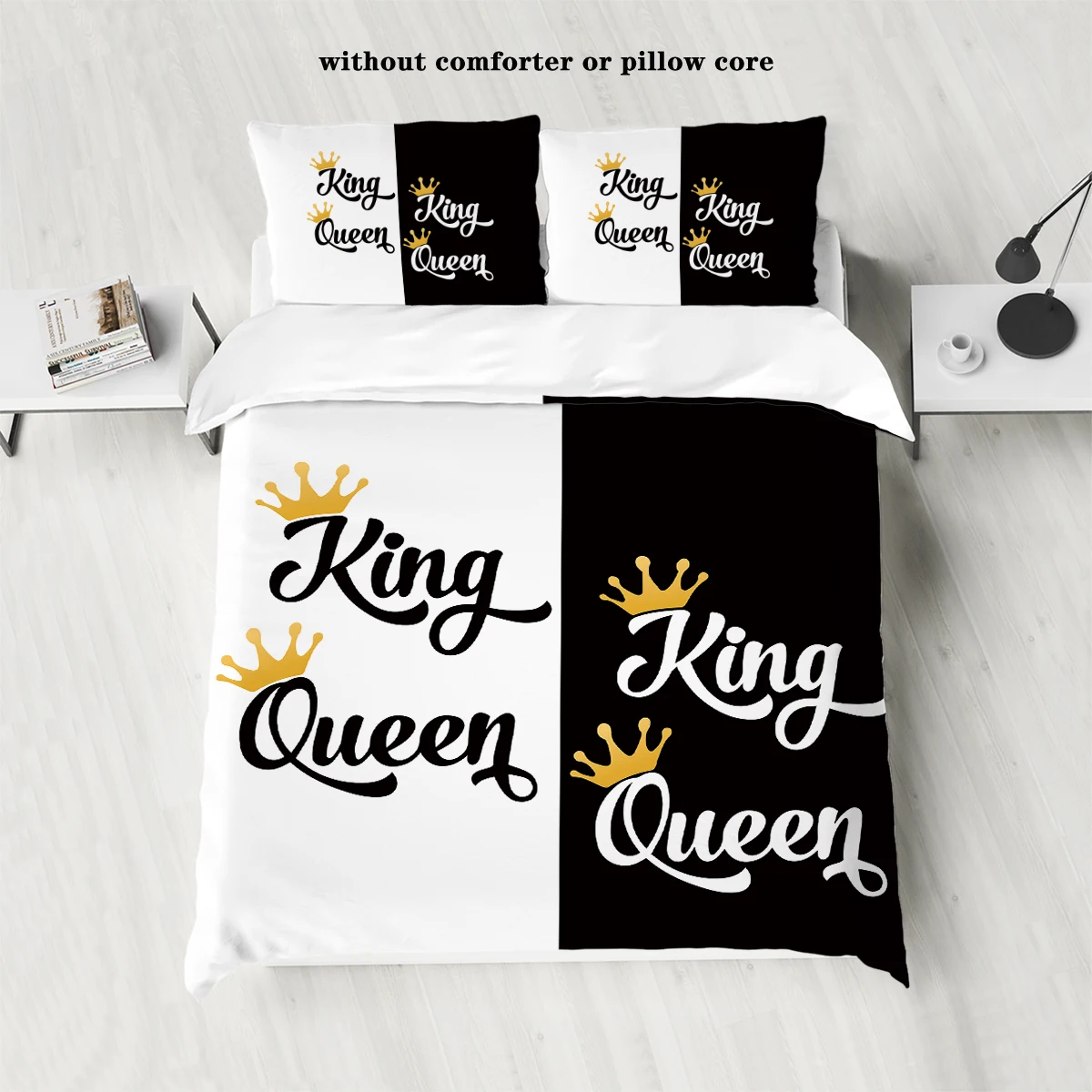 3-piece down set with black and white crown print pattern (1 down duvet cover+2 pillowcases, no core) couple bedding set