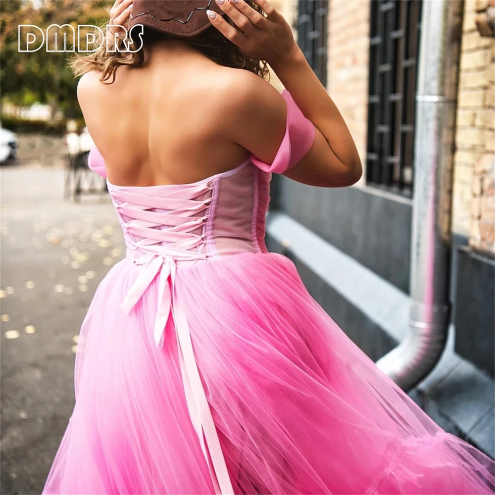 Sweet Hot Pink Tulle Formal Dress For Women Off Shoulder Sweetheart Maxi Long Evening Dress Photo Shoot Women's Party Gown