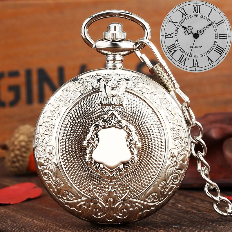 Steampunk Silver Pocket Watch Handcrafted Carved Shield Design Quartz Waistcoat Pocket Watch Clock with 30cm Waist Hook Chain