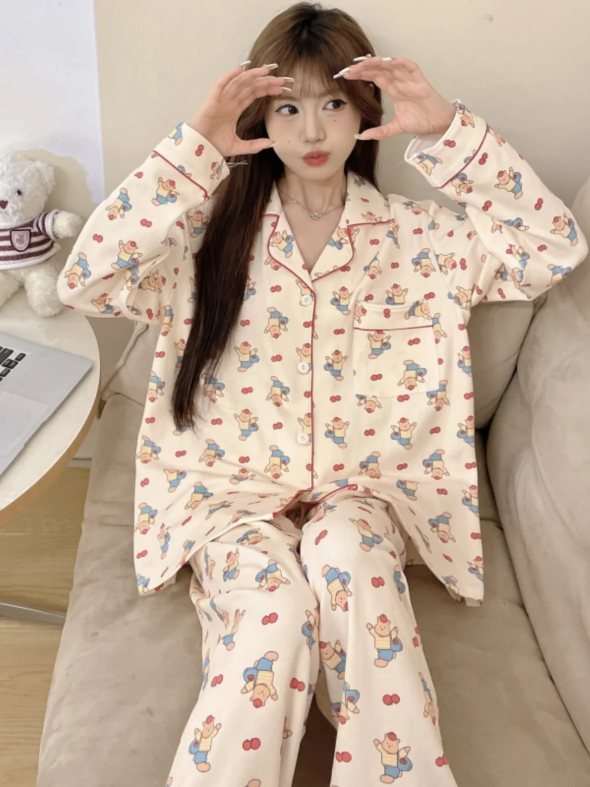 Spring Autumn Pure Cotton Long Sleeve Sleepwear Set for Women Cute Cartoon Bear Cherry Print Home Clothes Ensemble