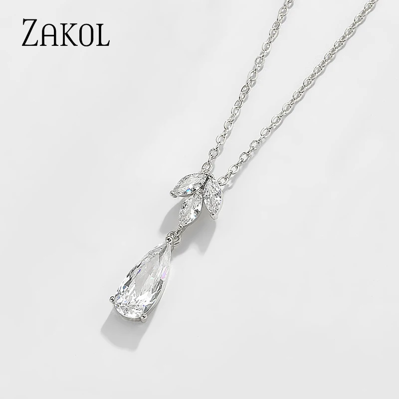 ZAKOL Shinny Water Drop Cubic Zirconia Pendants Necklace for Women Teardrop Crystal Clavicle Chain Bridal Wedding Party Jewelry