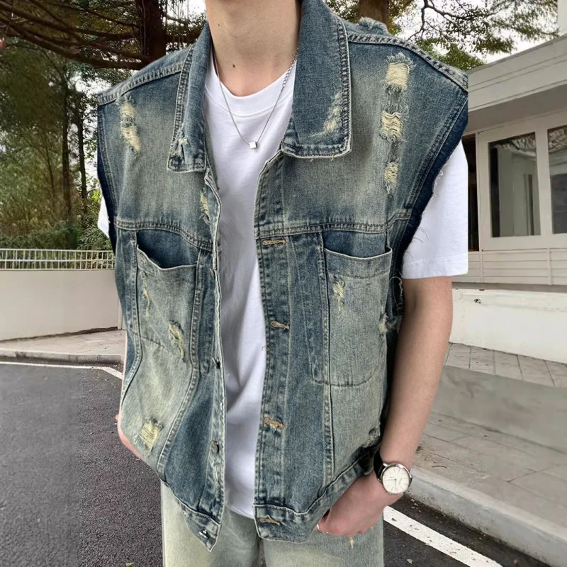 خمر غسلها الأمريكية شارع العليا المتعثرة سترة قصيرة الرجال الربيع الصيف العصرية أكمام صدرية أعلى #3