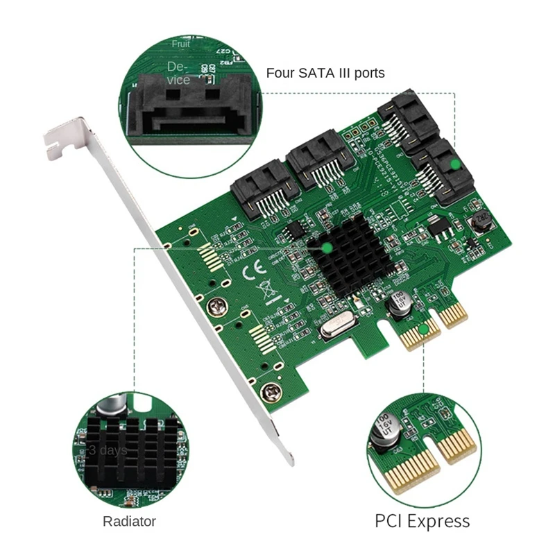 Carte contrôleur non raid avec profil bas, carte Pcie 4 ports 6G SATA 3.0, Marvell 88SE9gem, Pcie 2.0 bronch6 000