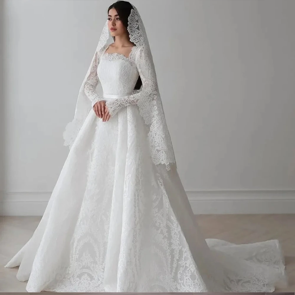 Vestidos de Novia Elegantes de Encaje con Mangas Largas, Vestido de Novia de Princesa con Línea A para Iglesia, Vestidos de Novia Personalizados