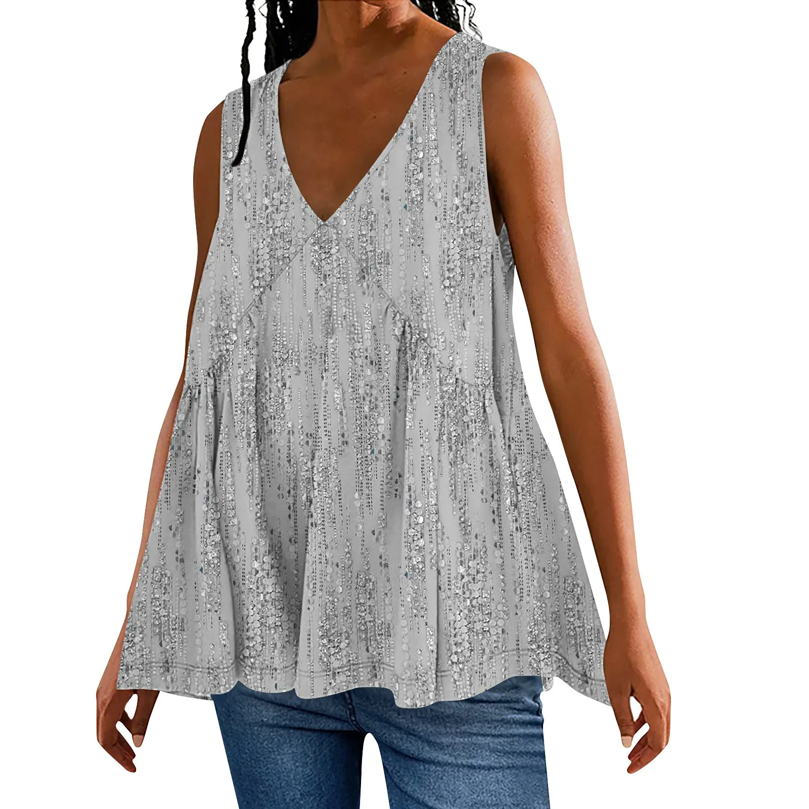 Women trend t shirt Summer V Neck Tank Top Loose Fit Flowy blouse Casual Tiered Ruffle Sleeveless Babydoll Vest ropa de mujer