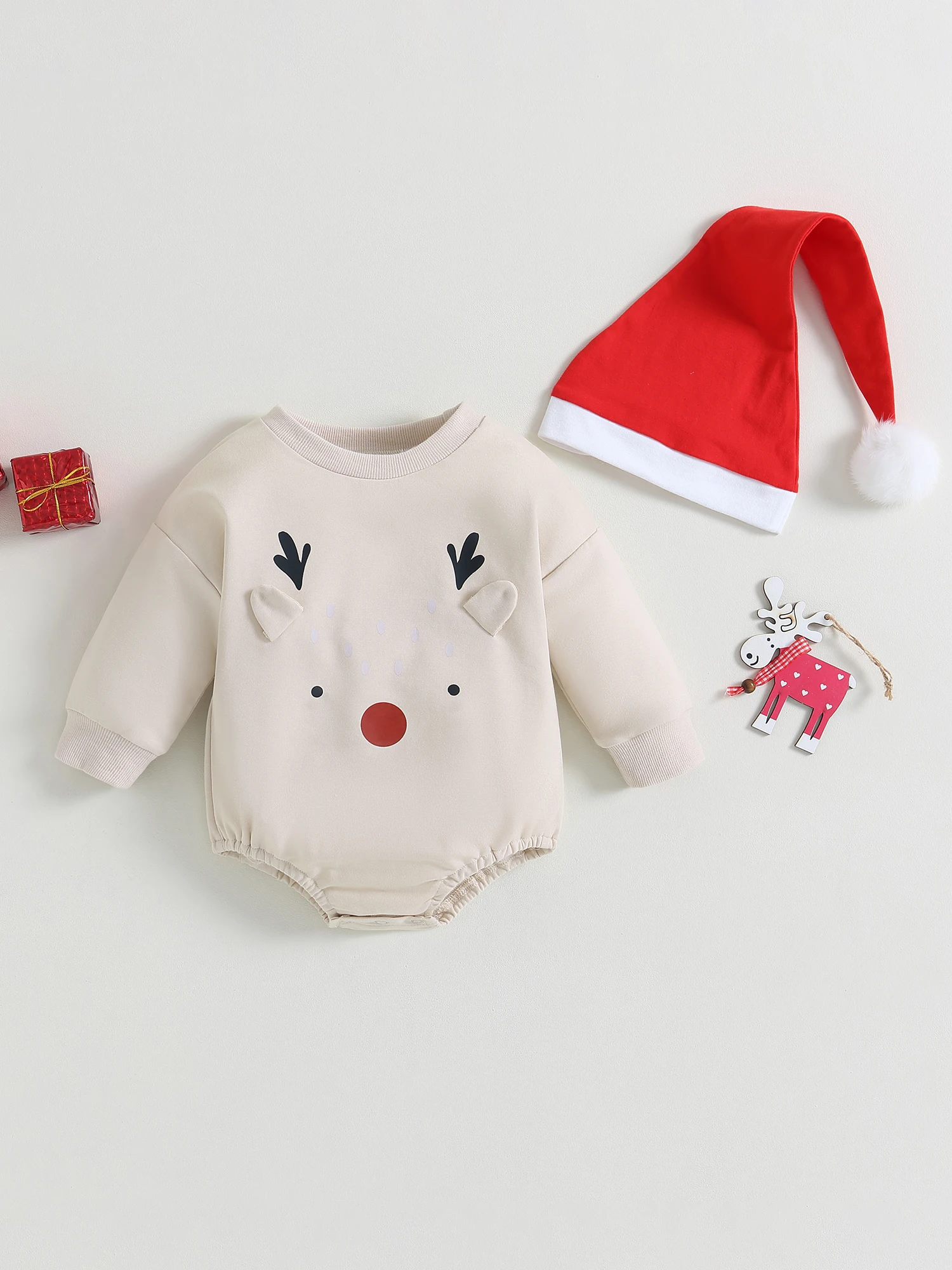 Cute Santa Claus Print Jumpsuit with Matching Hat Festive 2-piece Christmas Outfit for Infant Boys and Girls