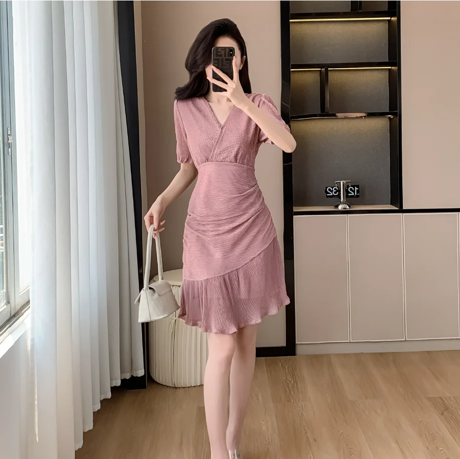 Xiaoxiangfeng Temperament Socialite Fashion Dress Women's Summer New V-Neck Short Sleeve Waist Cinched Niche A-Line Long Skirt