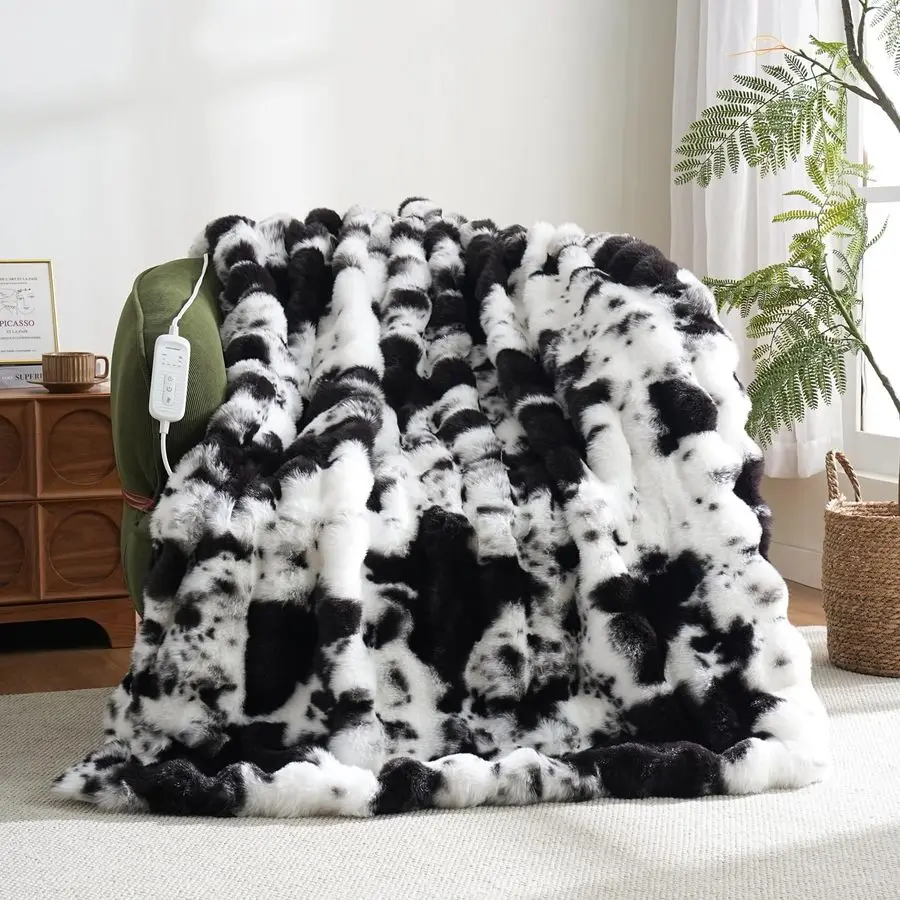 

Print Heating Throw Blankets Luxurious Western Soft Bubble Faux Rabbit Fur 8 Heat Settings Overheat Protection Quick Heating Ele