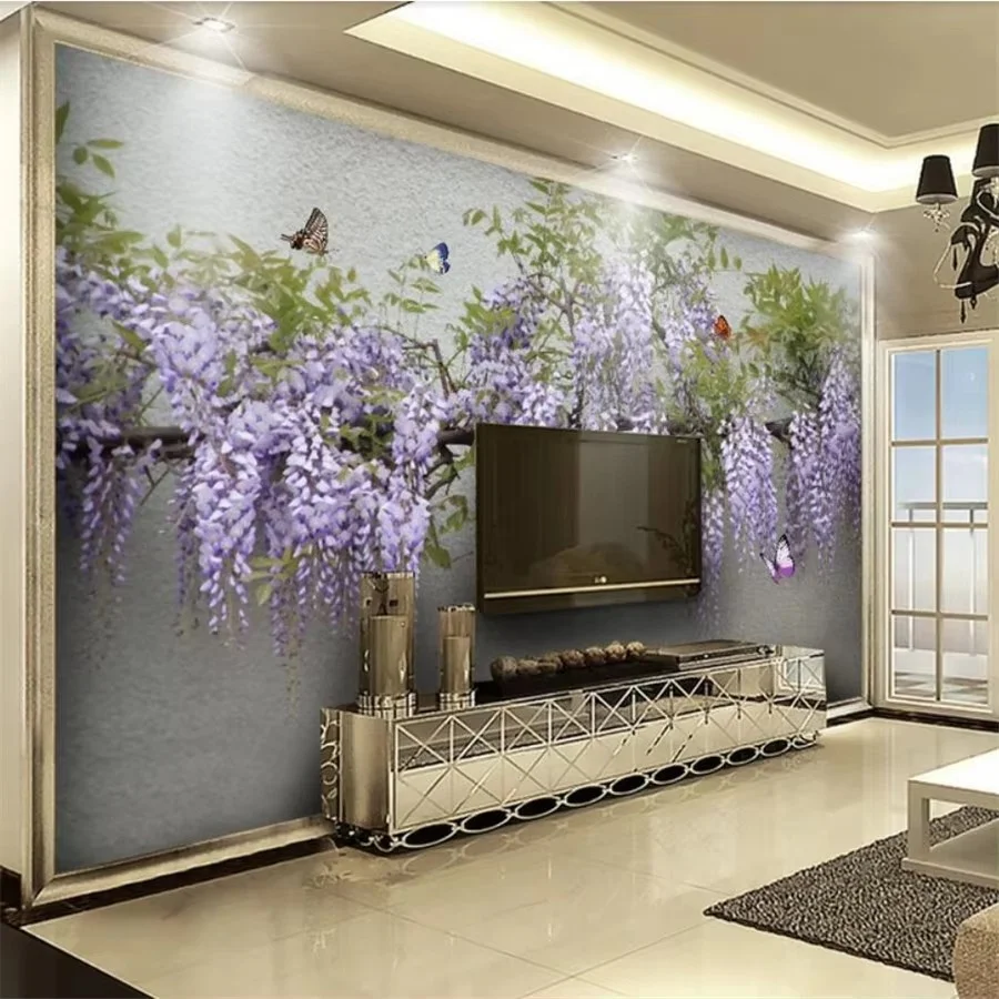 Custom wallpaper 3d mural stereo wisteria flower butterfly papel de parede sofa background wall painting wallpapers home decor