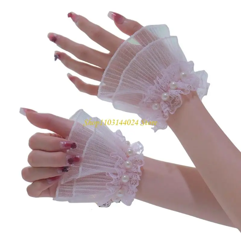 N5ke mutiara elegan bersulam lengan lengan renda untuk kuku seni fotografi bernapas manset sifon dengan detail bunga renda