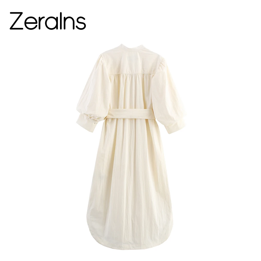DEEABAE 2025 Herfst Nieuwe Modieuze Eenvoudige Riem met Bubble Mouwen Ronde V-hals Shirt Stijl Midi Jurk
