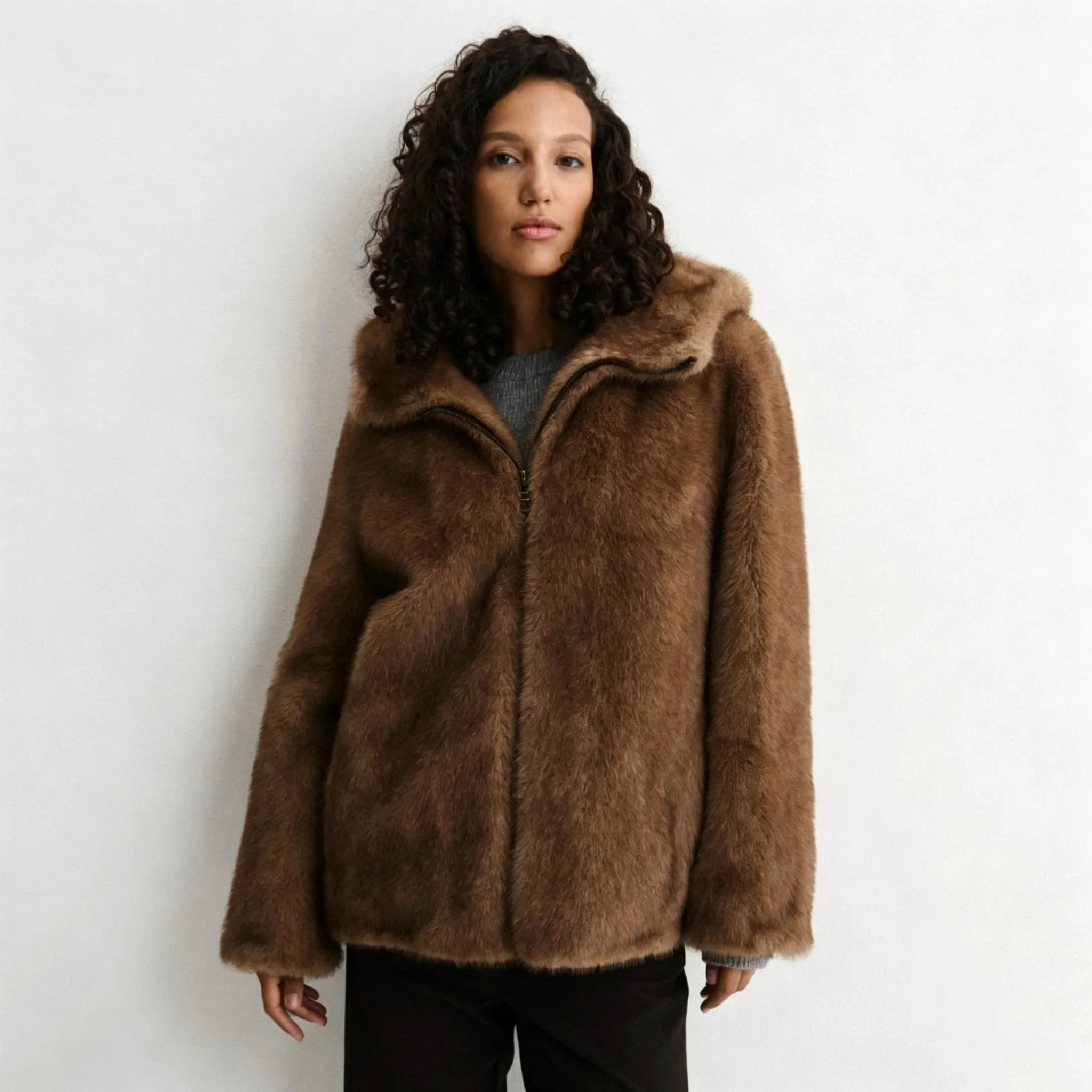 RU Women Hooded Faux Fur Jacket Full Zipper Front Loose Plush Warm Outerwear For Autumn Winter Daily Casual Street Outfits