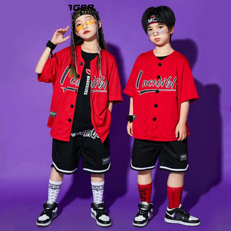 Children Hip-Hop Clothing Red Shirt Black Shorts Modern Street Dance Costumes Catwalk Show Outfits Girls Jazz Clothes DQL7172