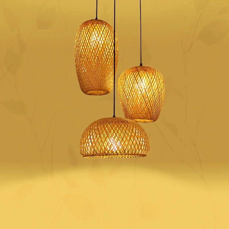 Bamboo Lantern Pendant Lamp Retro Restaurant Hanging Light Hand-Woven Lampshades E27 Lighting Fixtures Wooden Chandeliers Room