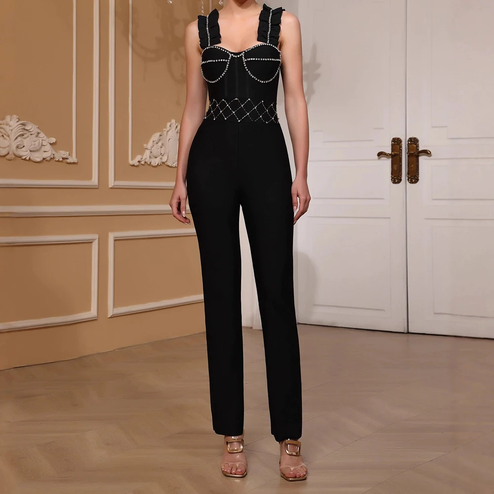 

Bandage ruffled rhinestone sleeveless jumpsuit for women, sweetheart neckline, open back, high-end party, slim fit-GZXX796