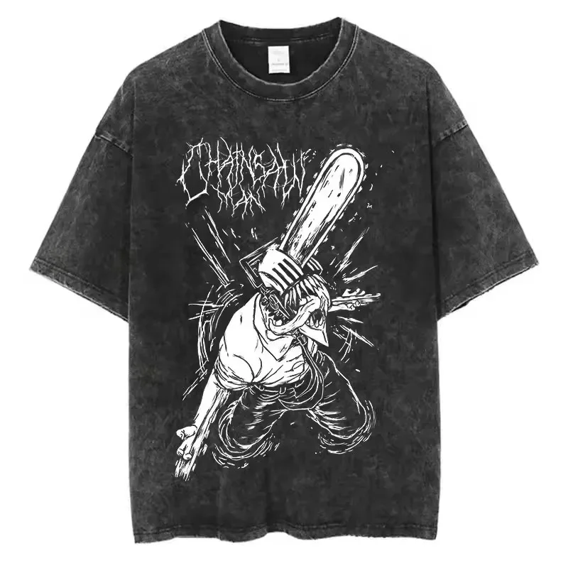 

2026 Chainsaw Man Denji Pochita Washed T-Shirt Retro Graphic Tee Harajuku Casual Cotton Short Sleeve Tees Tops