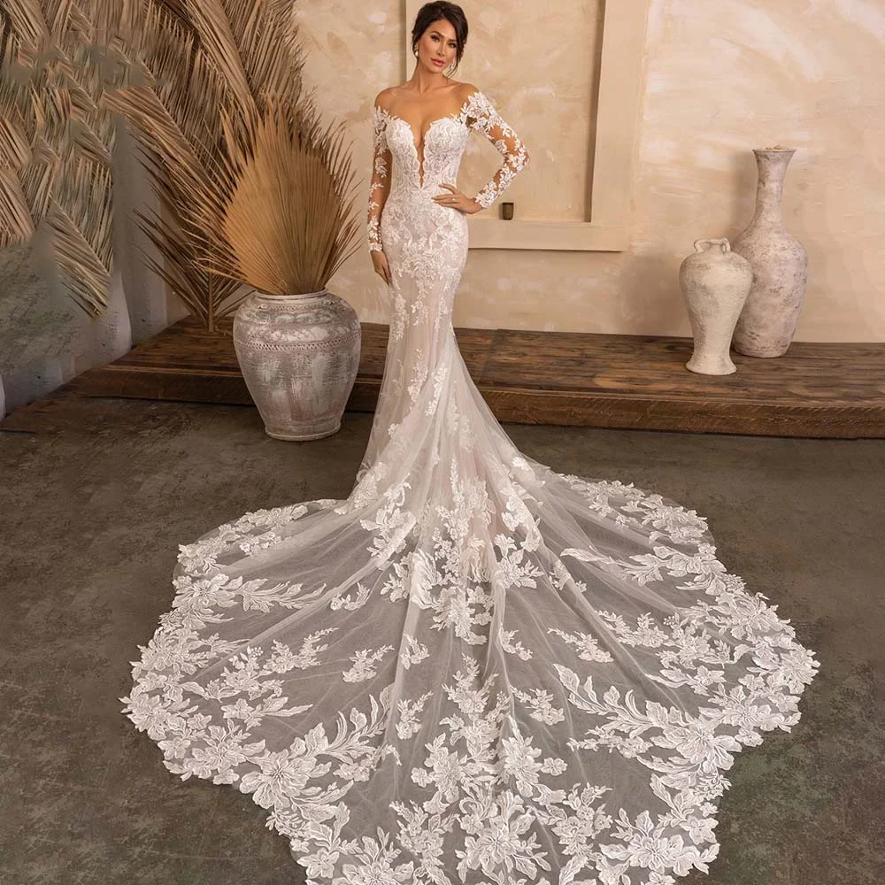 

Flavinke Customized Lace Wedding Dresses Off Shoulder Sweetheart Bride Gown Boho Mermaid Bride Bridal Dresses vestidos de novia