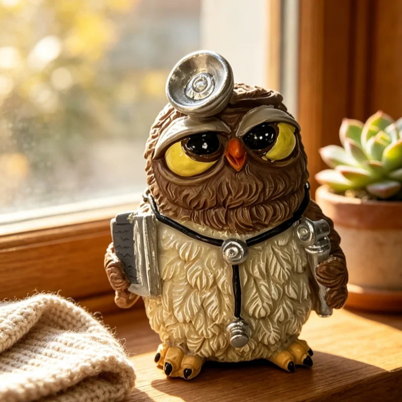 Whimsical Doctor Owl Resin Ornament, Cartoon Style, Home & Office Decoration
