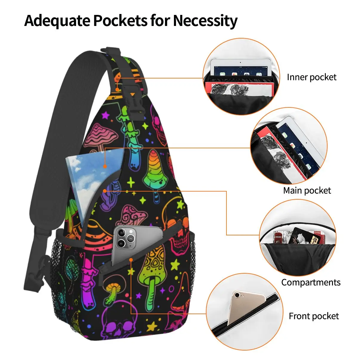 Cogumelos Psicodélicos Crossbody Sling Bag Pequeno Peito Bag Crânios Ombro Mochila Daypack para Caminhadas Viagem Ciclismo Bookbag