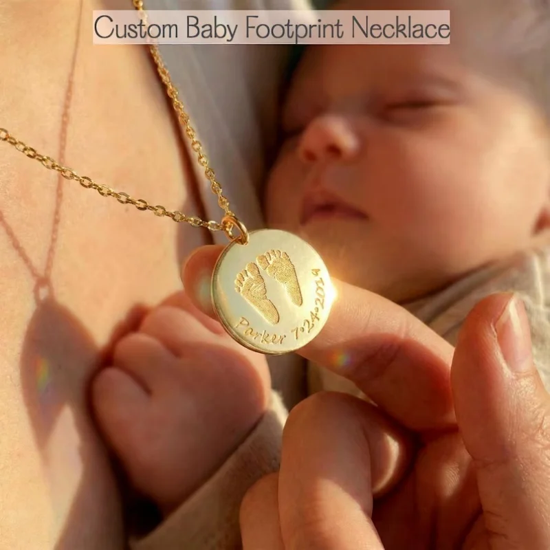 Custom Baby Birth Footprint Necklace Stainless steel Engraved Date Handprint Child Name Pendant Jewelry Gift for Mother