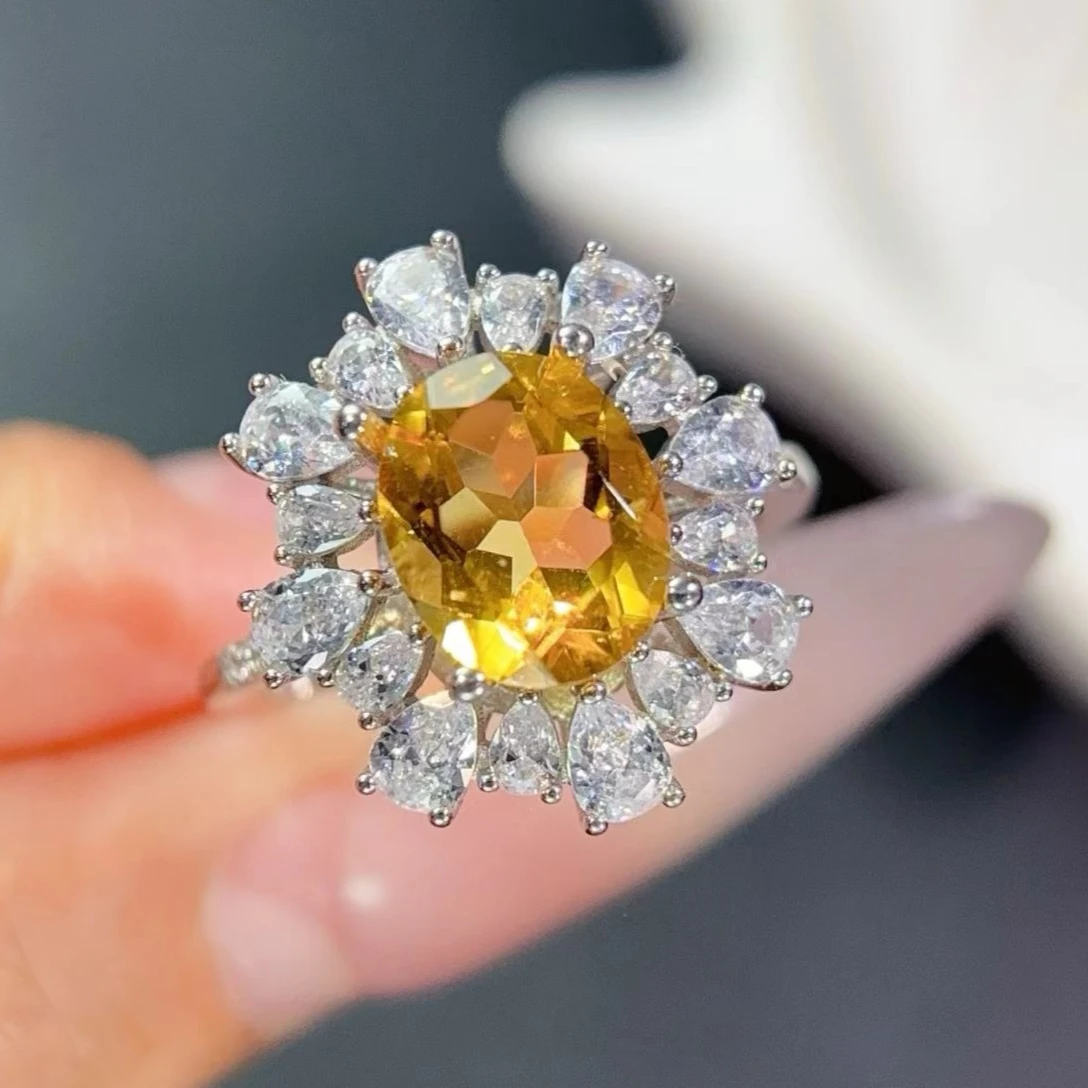 Natural Citrine Halo Ring 925 Sterling Silver with certificate 8x10mm Oval Yellow Gemstone Ring Women's Luxury Fashion Jewelry