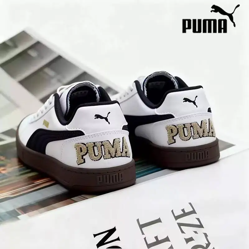 

PUMA White Black Glitter Logo Retro Low Top Skate Sneakers, Gum Sole Unisex Daily Casual Fashion Shoes 395082-09