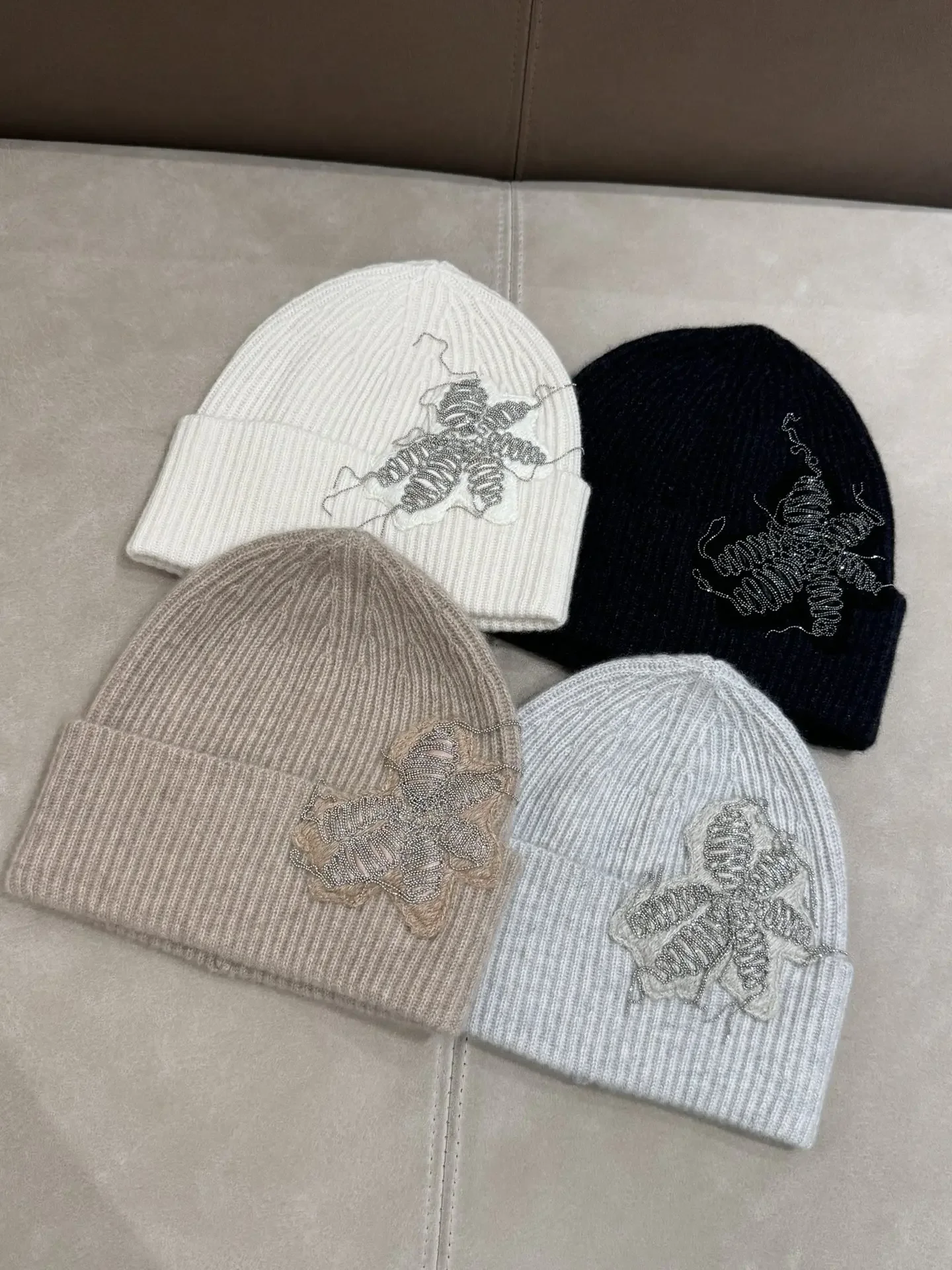 Autumn Winter B*C 100% Cashmere Hats for Women Bead Floral Embroidery Casual Female Knitted Hat