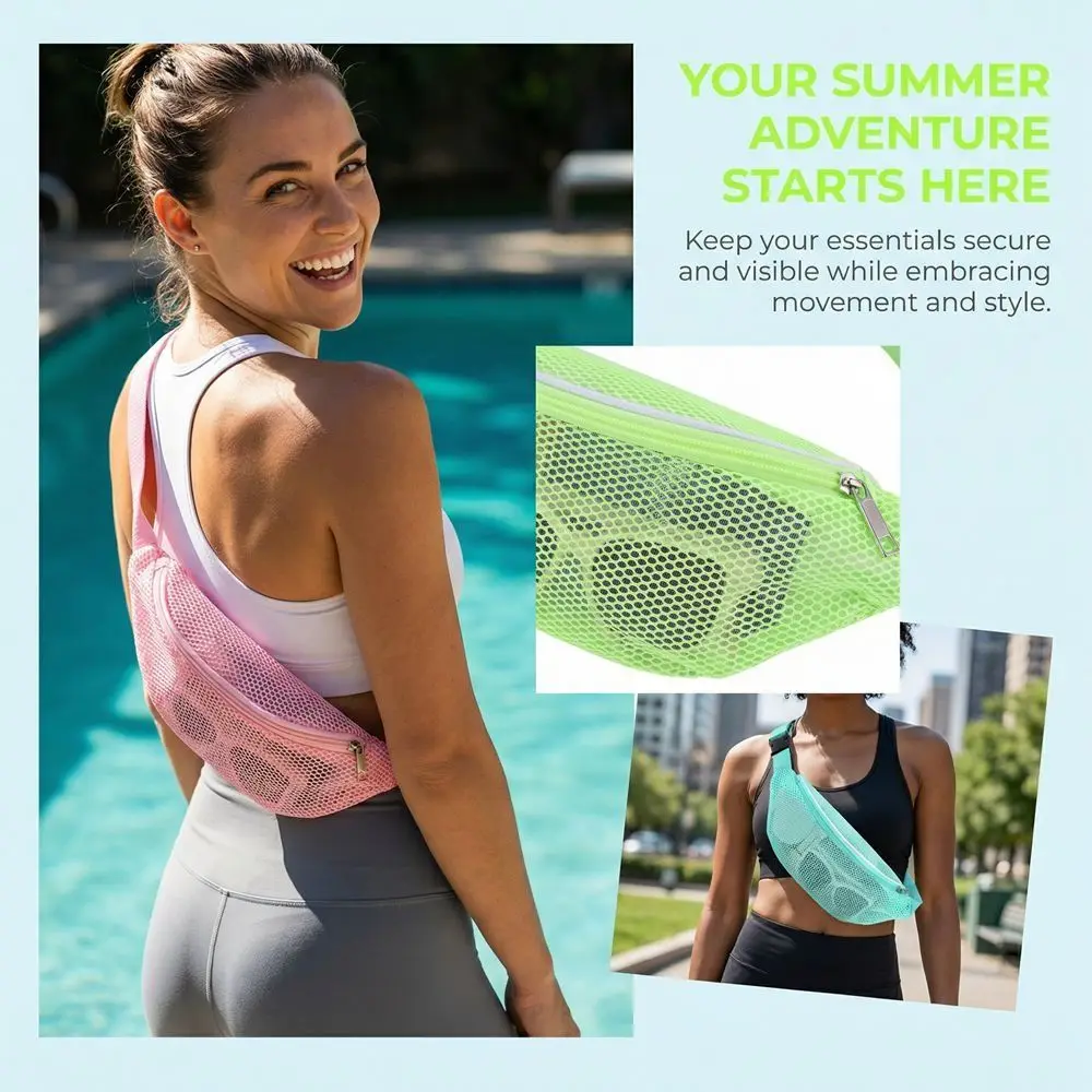 

Zipper Mesh Waist Pack Lightweight Portable See Through Shoulder Bag Adjustable Strap PVC Hollow Crossbody Fanny Purse Beach